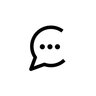 Black speech bubble icon with three dots on white background.