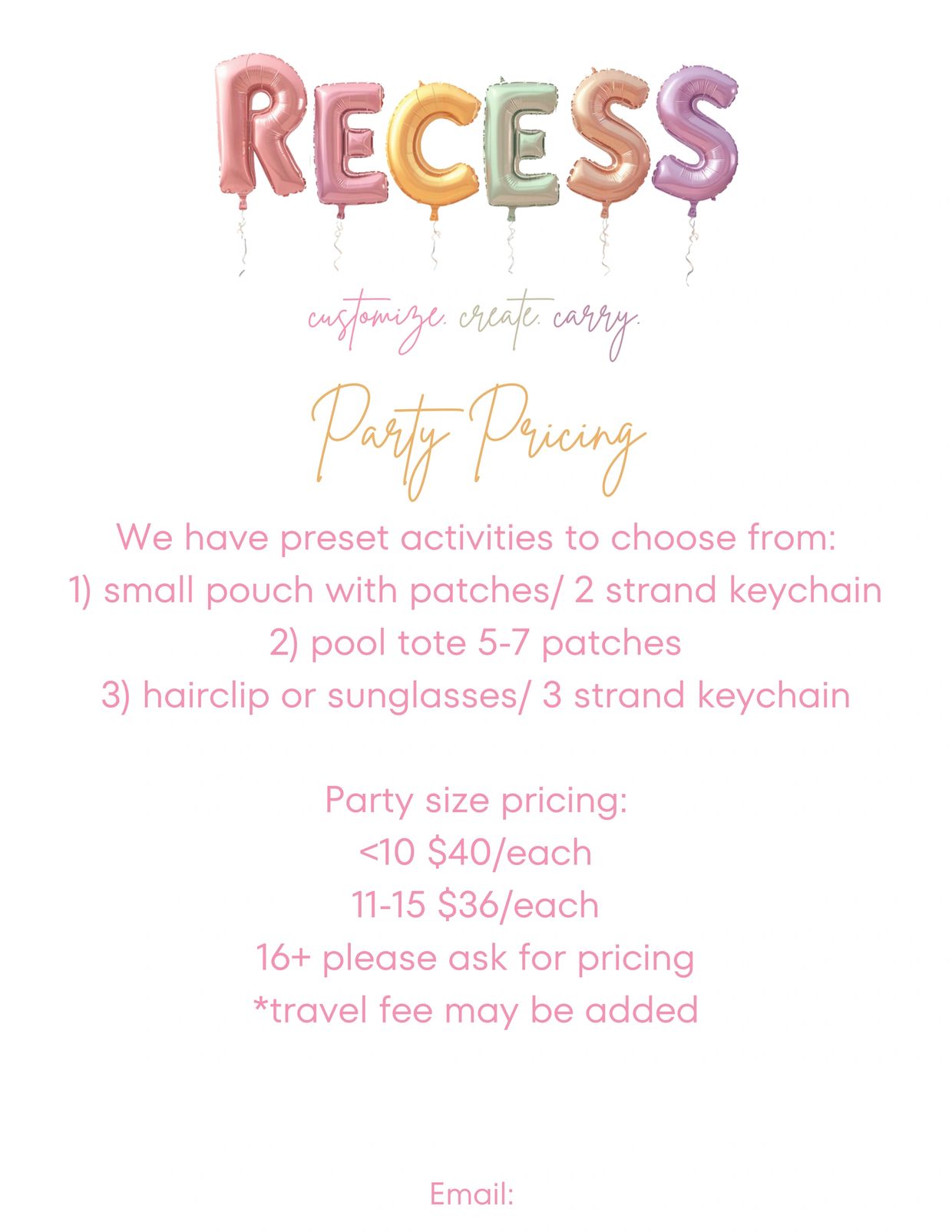Private party event pricing