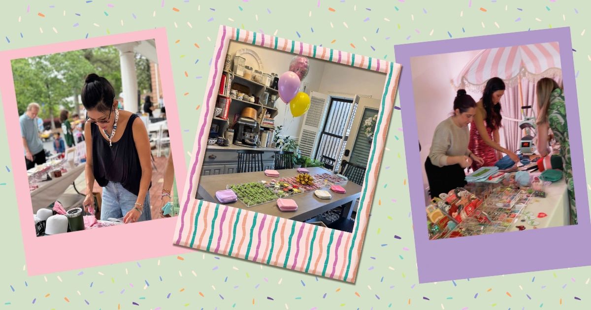 Three photos showing women at a market and a decorated table indoors with balloons.