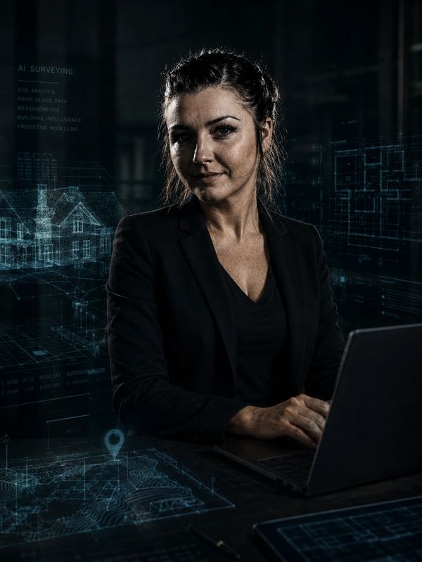 Confident woman working on AI surveying with holographic data visuals.