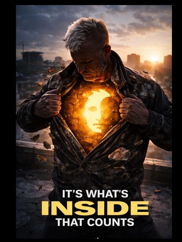 Man reveals glowing face inside his chest with caption emphasizing inner values.