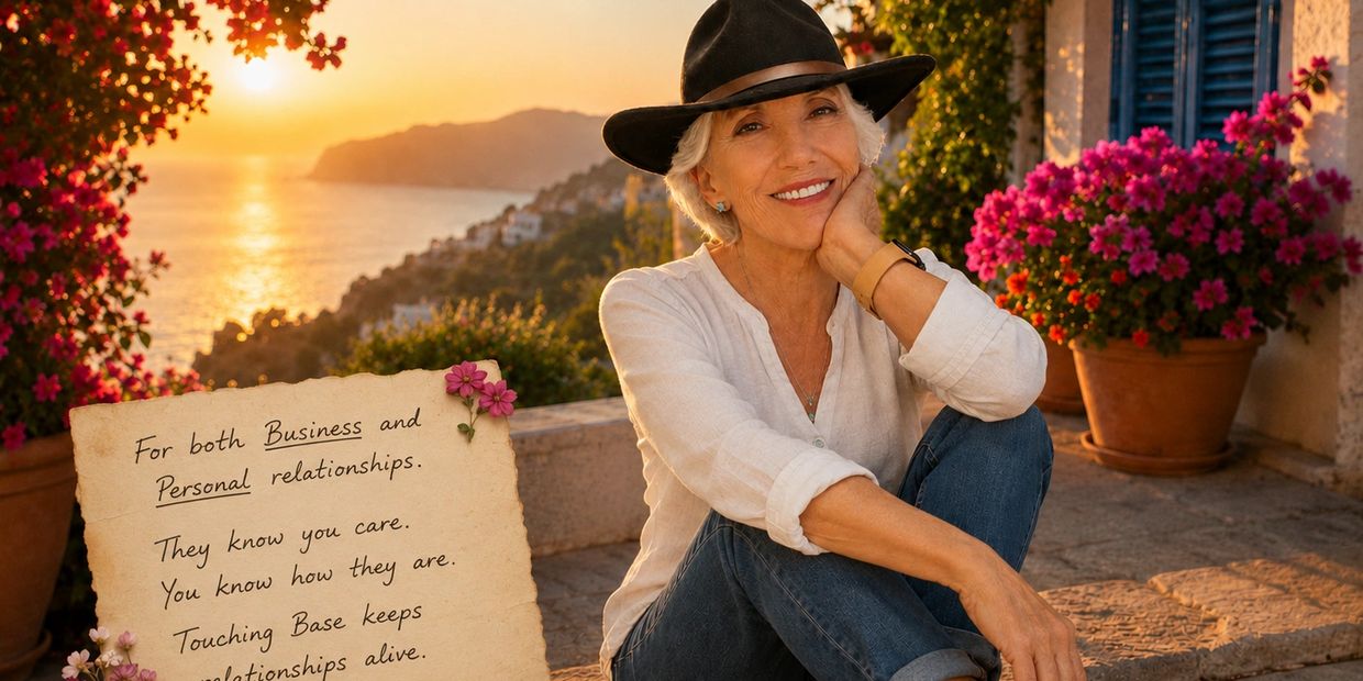 Smiling woman in a hat sitting outdoors at sunset with flowers.