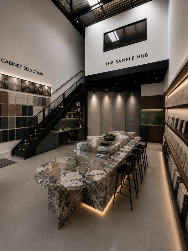 Modern sample hub with stylish marble table and cabinet samples.
