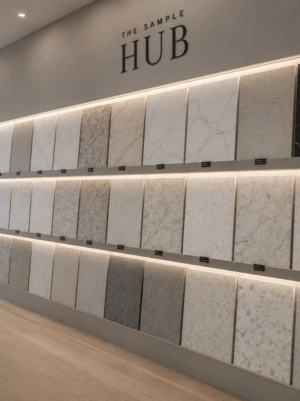 Wall display of various marble and stone tile samples.