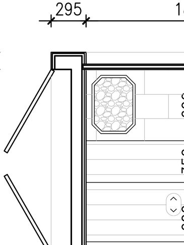Architectural floor plan with detailed measurements and stone feature.
