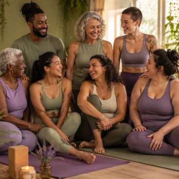 A diverse group of people in yoga attire smiling and sitting together indoors.