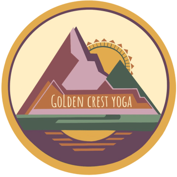 Logo for Golden Crest Yoga featuring stylized mountains and a sun.