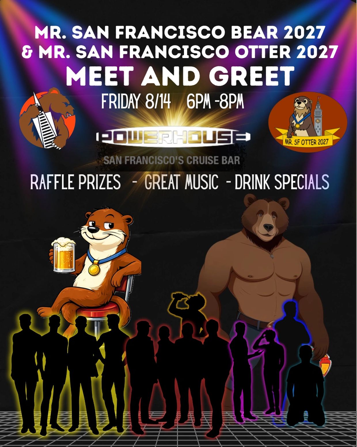 Meet and greet event for Mr. San Francisco Bear and Otter 2027 with music and drink specials.