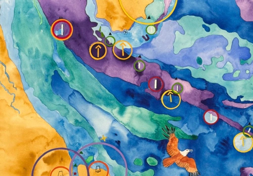 Colorful abstract map with symbols, fish, and an eagle in a watercolor style.