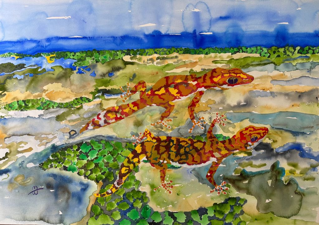 Watercolor painting of two colorful geckos on a vibrant abstract background.
