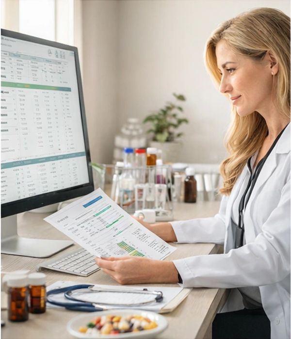 Female scientist analyzing data sheets in a lab environment.