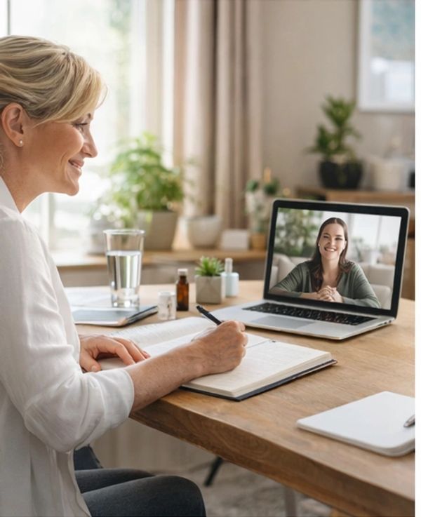 Two women engaged in a virtual meeting, one taking notes attentively.