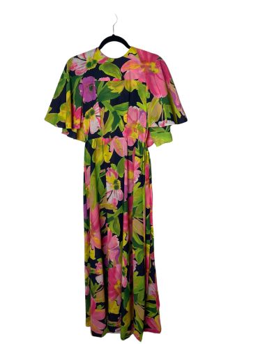 Colorful floral maxi dress with flutter sleeves on a hanger.