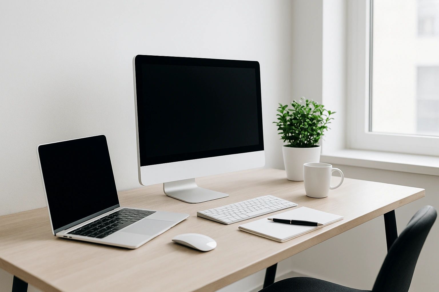 Minimalist workspace with laptop, desktop computer, and plant on a wooden desk.