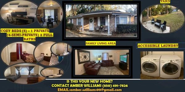 Collage showcasing a cozy home with living area, bedrooms, laundry, and yard.