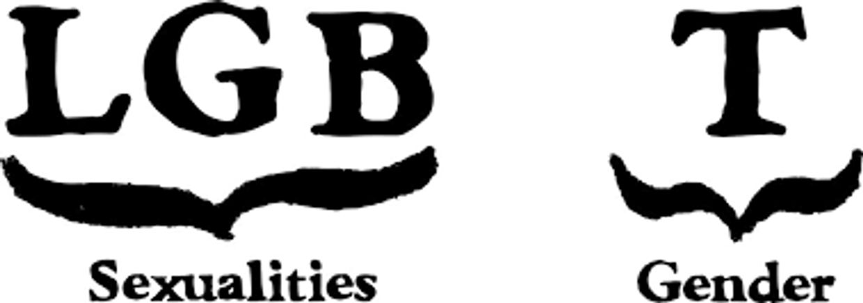 Image of the acronym LGB (sexualities) then separate image of the acronym T for (trans)gender