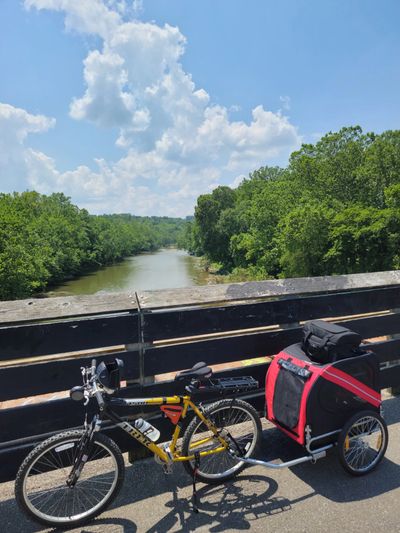 A bicycle with a red trailer parked on a bridge overlooking a river and trees.