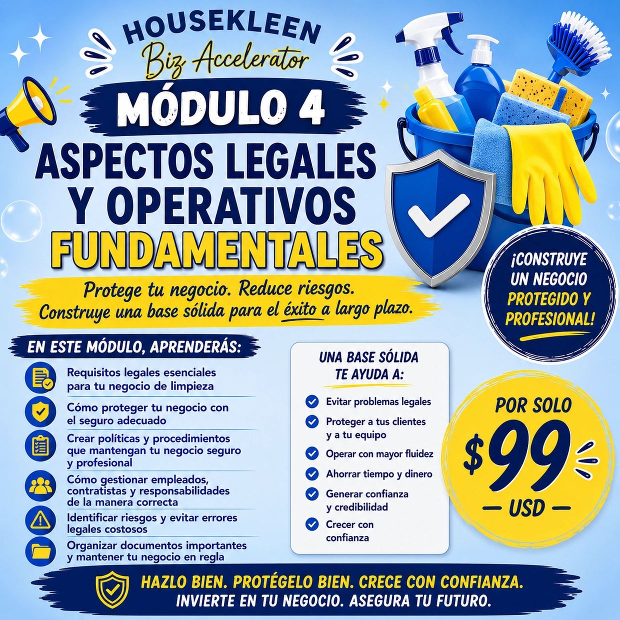 Promoción de módulo legal para negocios de limpieza por $99 USD.
