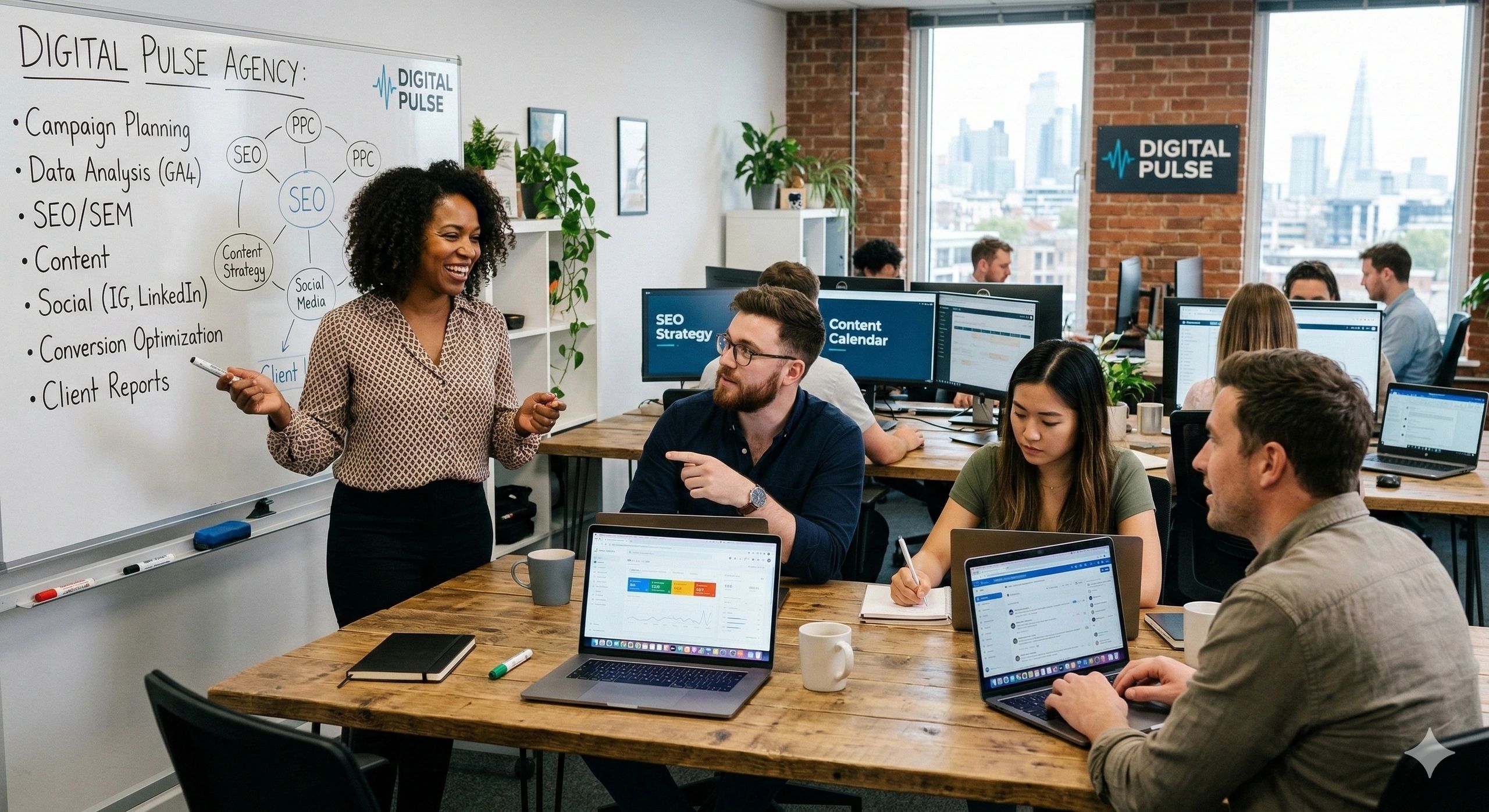 Digital Pulse Agency team discusses SEO and marketing strategies in a modern office.