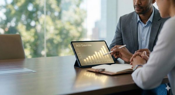 Two professionals discuss ROI estimates shown on a tablet in a meeting room.