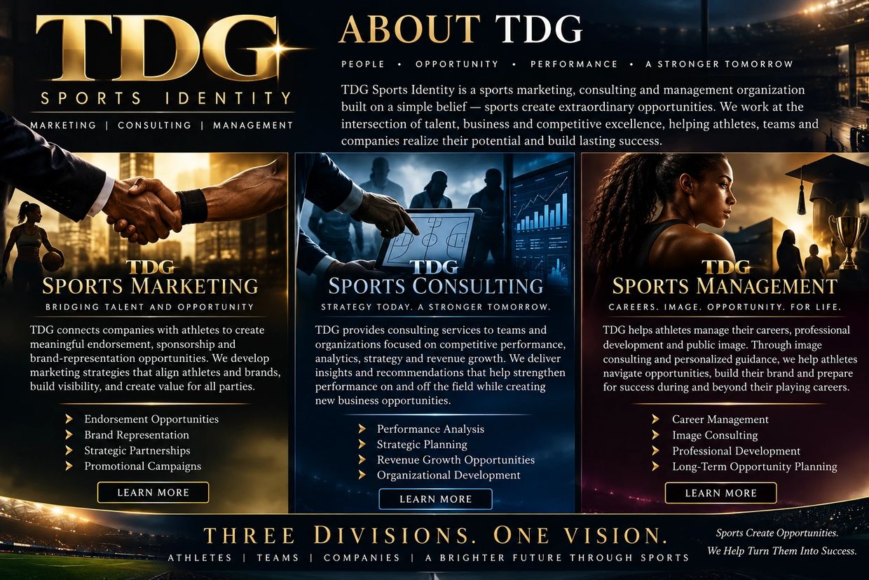 TDG Sports Identity offers marketing, consulting, and management for athletes and teams.