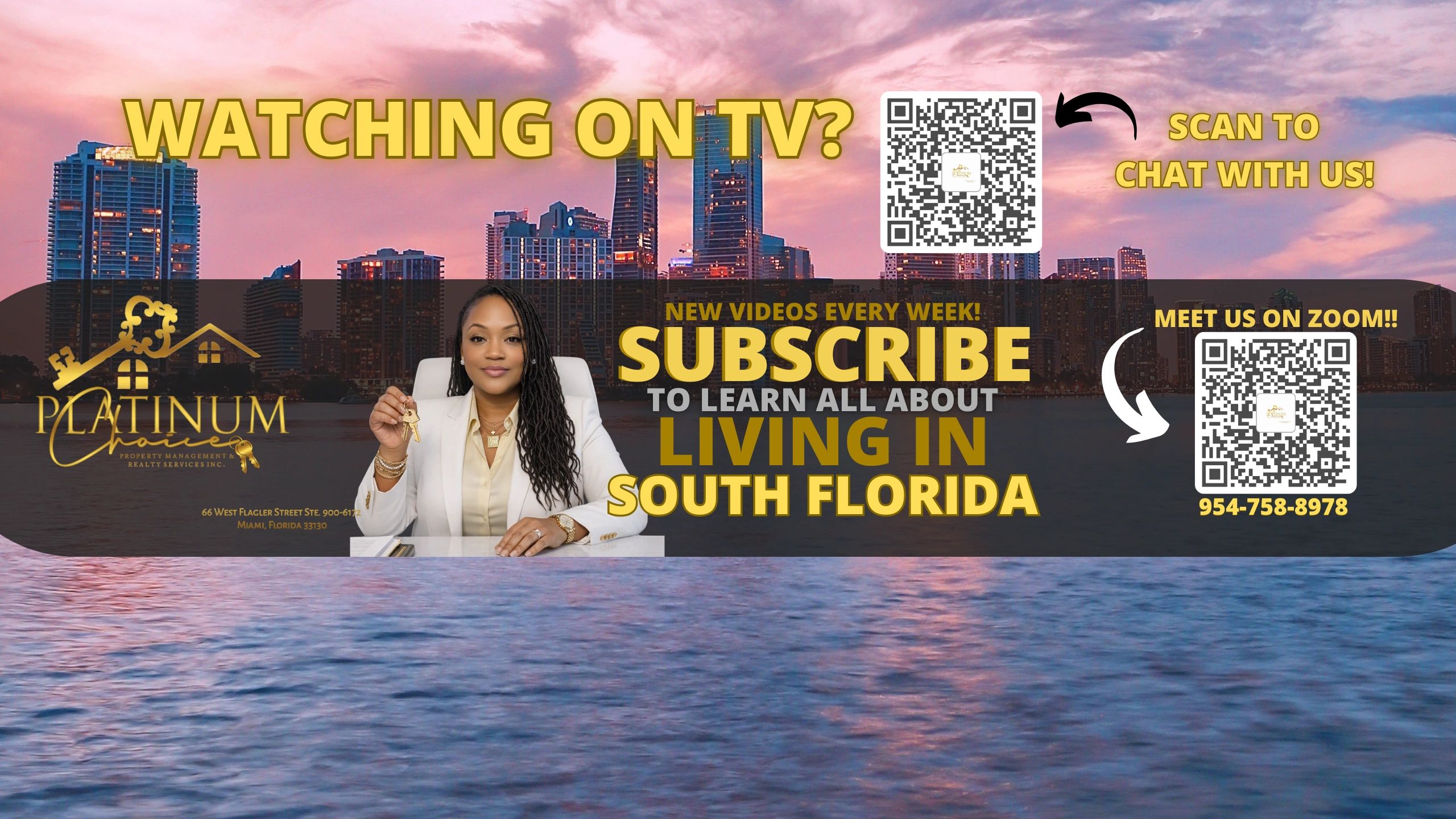 Real estate ad for Platinum Choice with QR codes to chat and Zoom, promoting South Florida living.