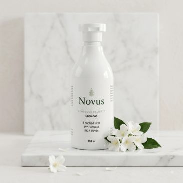 White bottle of Novus shampoo with flowers on marble surface.