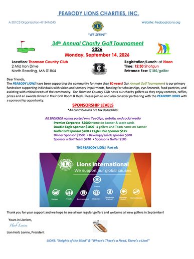 Flyer for Peabody Lions 34th Annual Charity Golf Tournament, September 14, 2026.