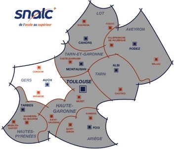 Map of regions around Toulouse with SNALC locations marked.