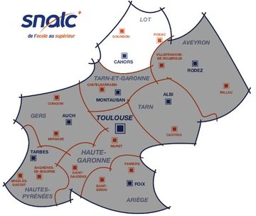 Map showing SNALC regional divisions around Toulouse, France.