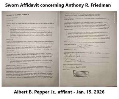 picture of sworn affidavit concerning anthony r friedman showing signature and notary seal 1/15/2026