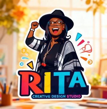 Illustration of a joyful woman with raised fist and 'RITA Creative Design Studio' text.