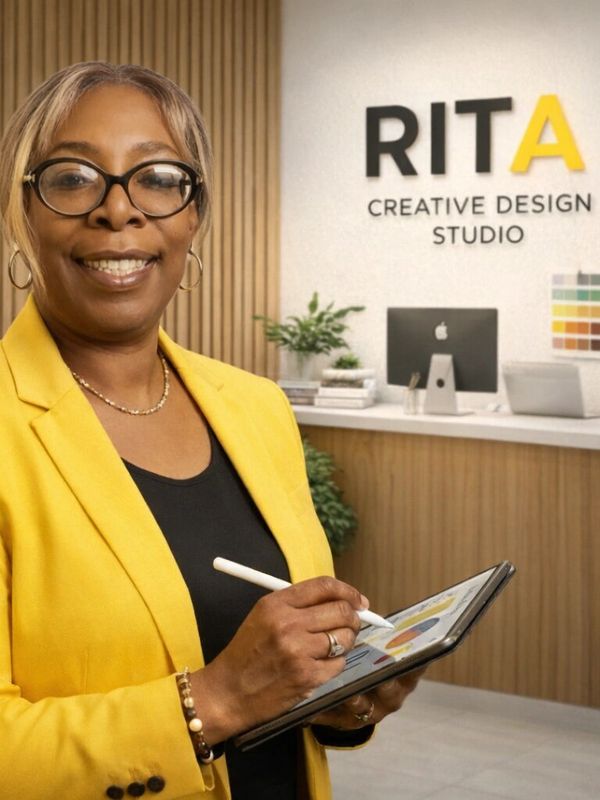 Smiling woman in yellow blazer holding a tablet at Rita Creative Design Studio.