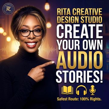 Woman promoting audio story creation at Rita Creative Design Studio.