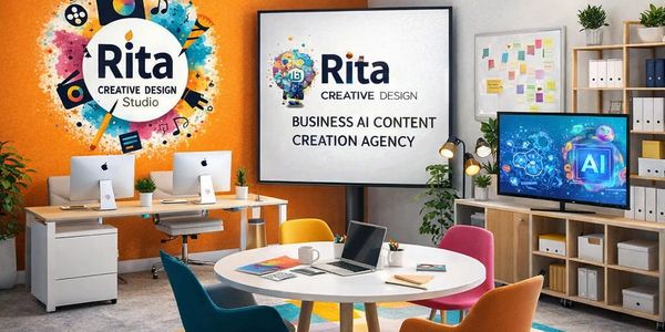 Modern creative design studio with colorful chairs and AI content creation focus.