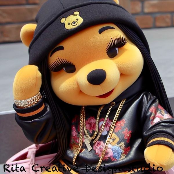 Stylish Winnie the Pooh character with long eyelashes, gold chains, and a floral hoodie.