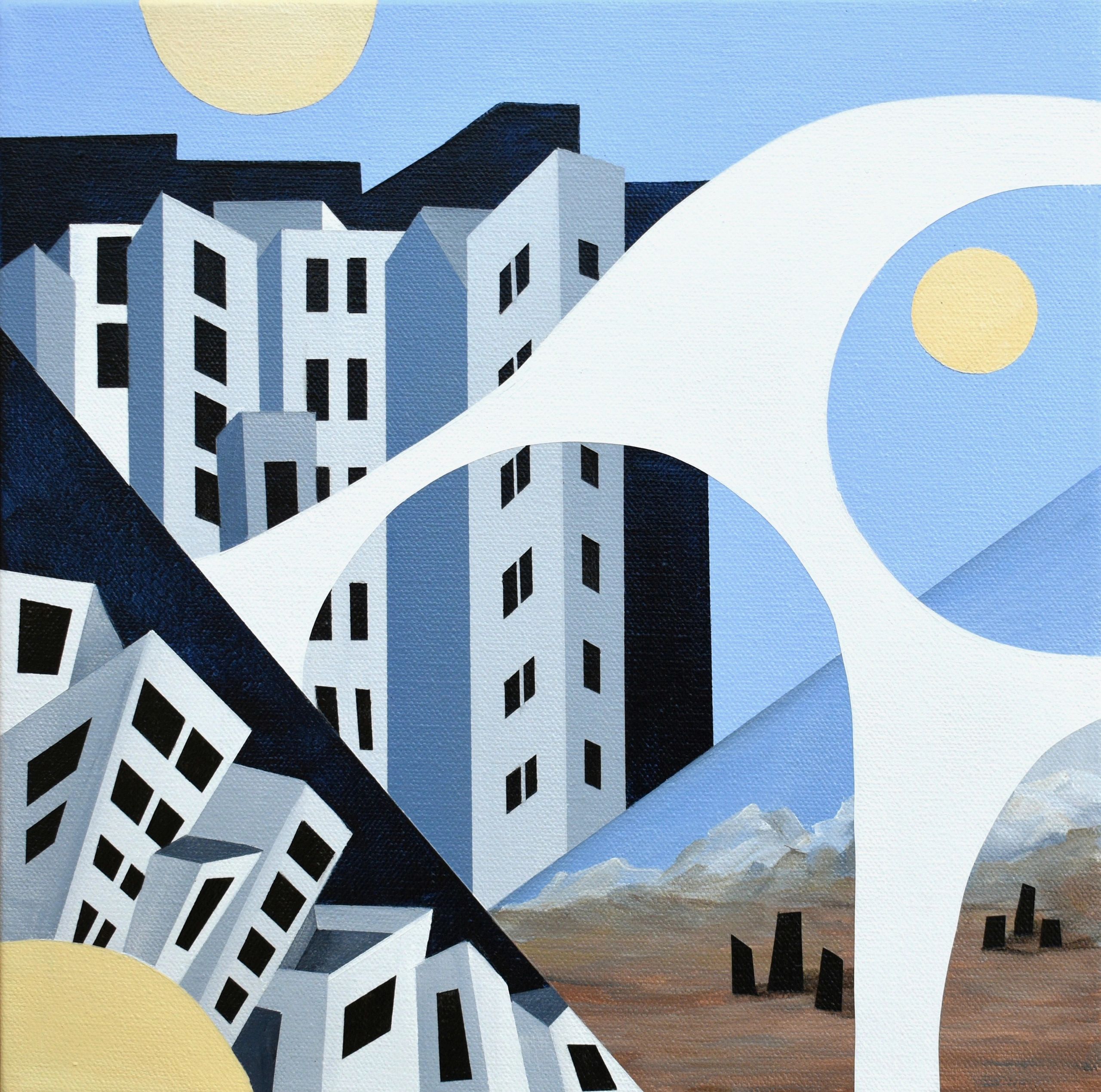 Abstract cityscape with geometric buildings and flowing shapes under a blue sky.