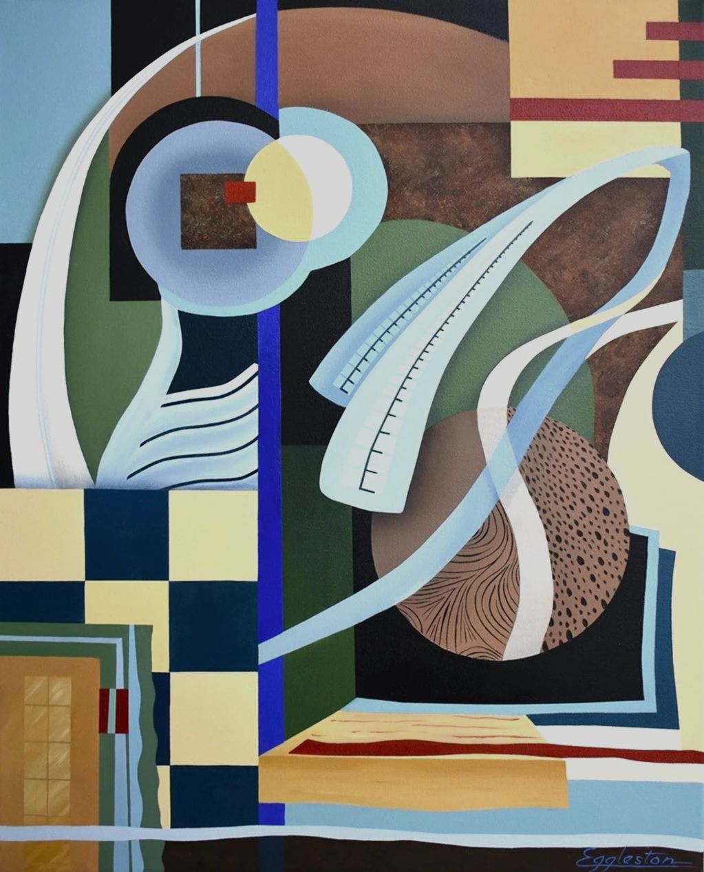 Abstract geometric painting with circles, lines, and squares in earthy tones.