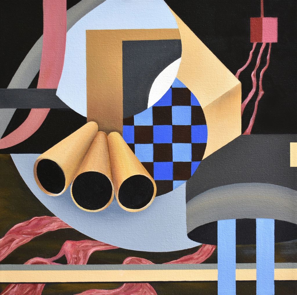 Abstract painting with geometric shapes, tubes, and checkered patterns.