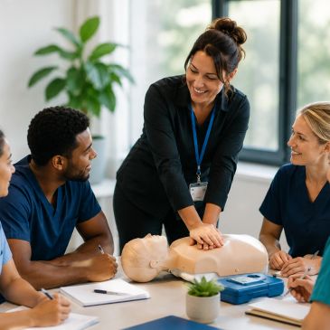 Instructor teaching CPR with a mannequin to medical trainees.