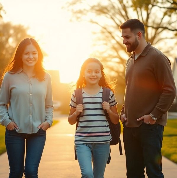 A family with a girl walking at sunset, smiling and enjoying the moment.