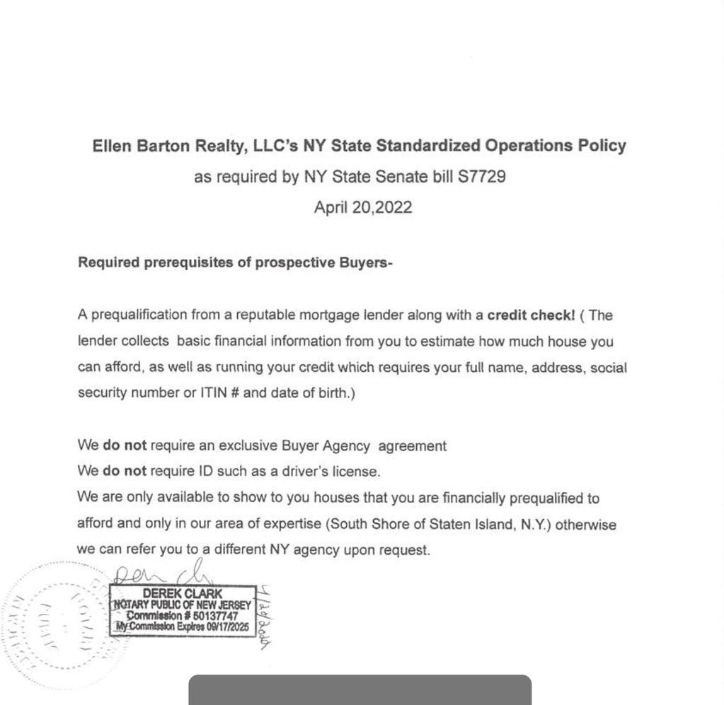 Ellen Barton Realty’s NY State operations policy for prospective home buyers with credit check requirement.