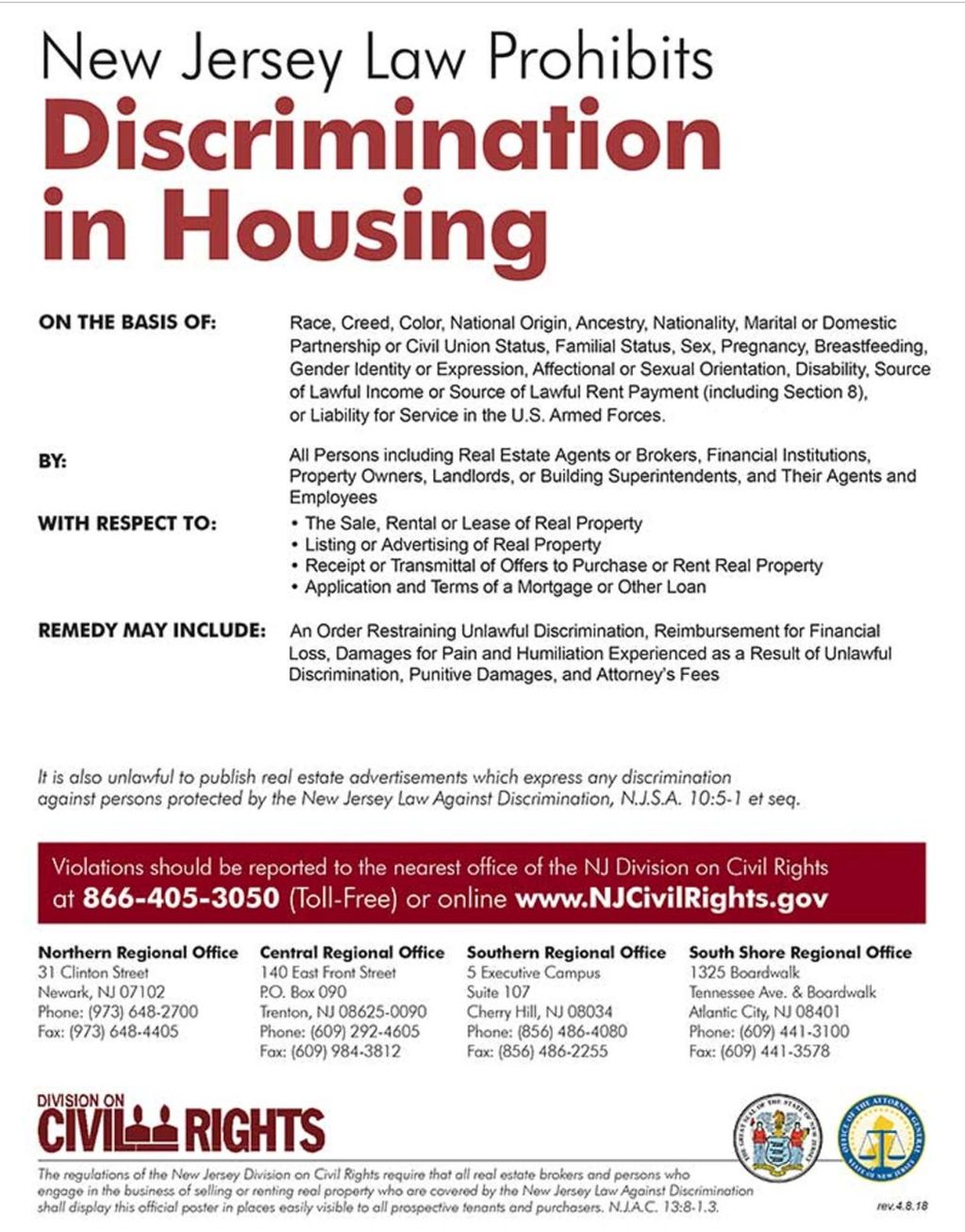 New Jersey law prohibits discrimination in housing based on various personal and legal factors.