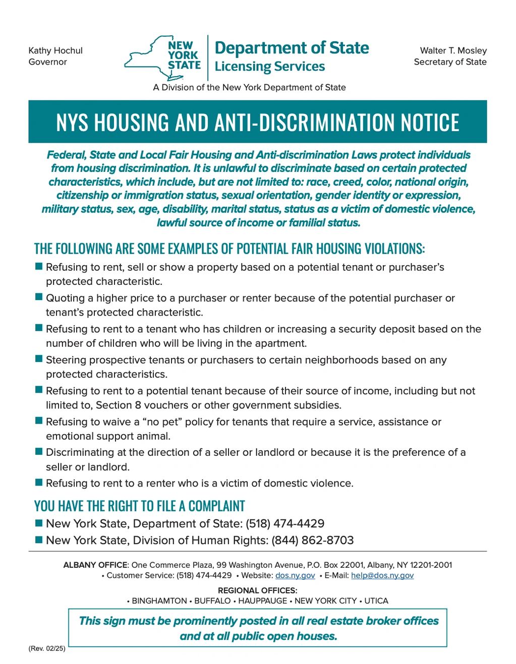 NYS Housing and Anti-Discrimination Notice explaining protected characteristics and fair housing rights.