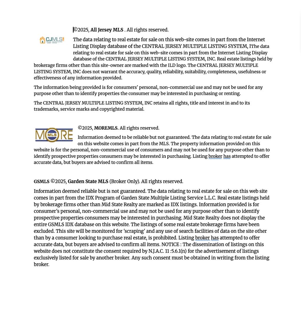 Text describing real estate listing disclaimers from Central Jersey MLS, MORE MLS, and Garden State MLS.