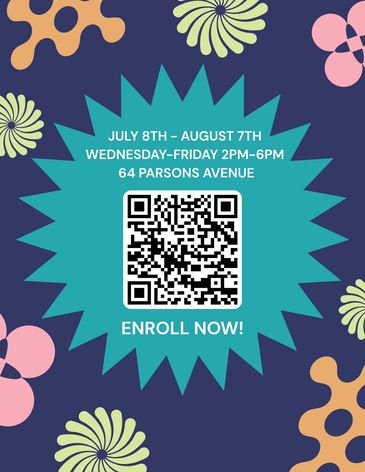 Enrollment info with QR code for a summer session at 64 Parsons Avenue.