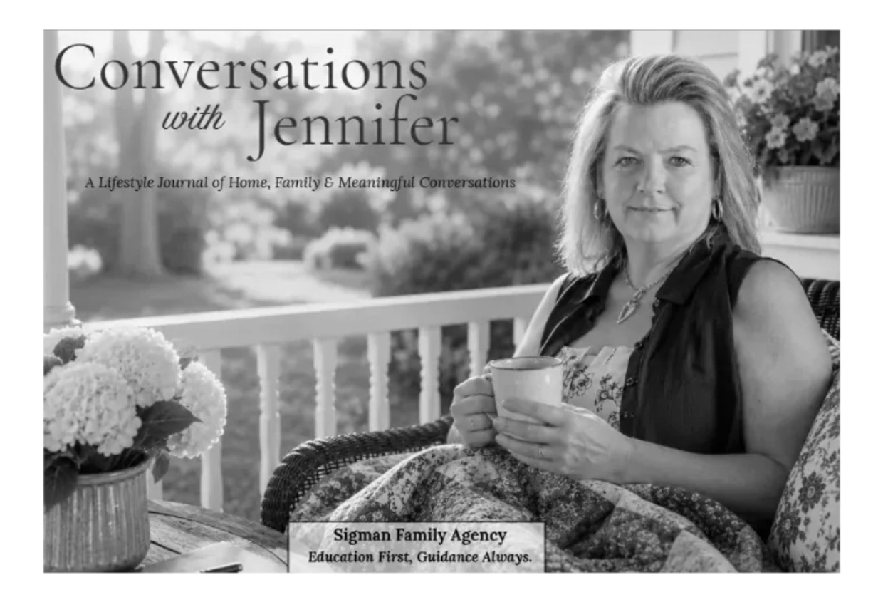 Jennifer R. Sigman sitting on a front porch with a cup of coffee, welcoming readers to Conversations