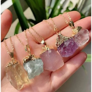 Raw cut gold-plated crystal necklaces – handmade gemstone jewelry in Old Saybrook, CT.
