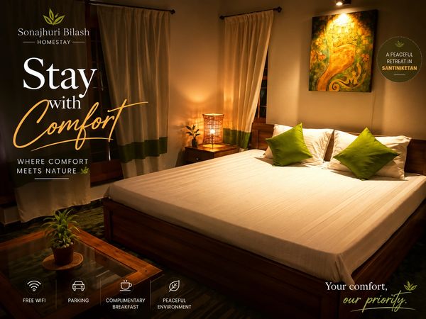 Cozy homestay bedroom with warm lighting and natural decor.