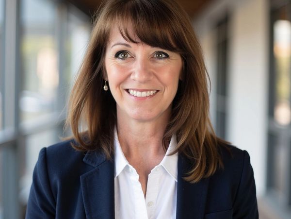 Professional woman smiling confidently in a business setting.